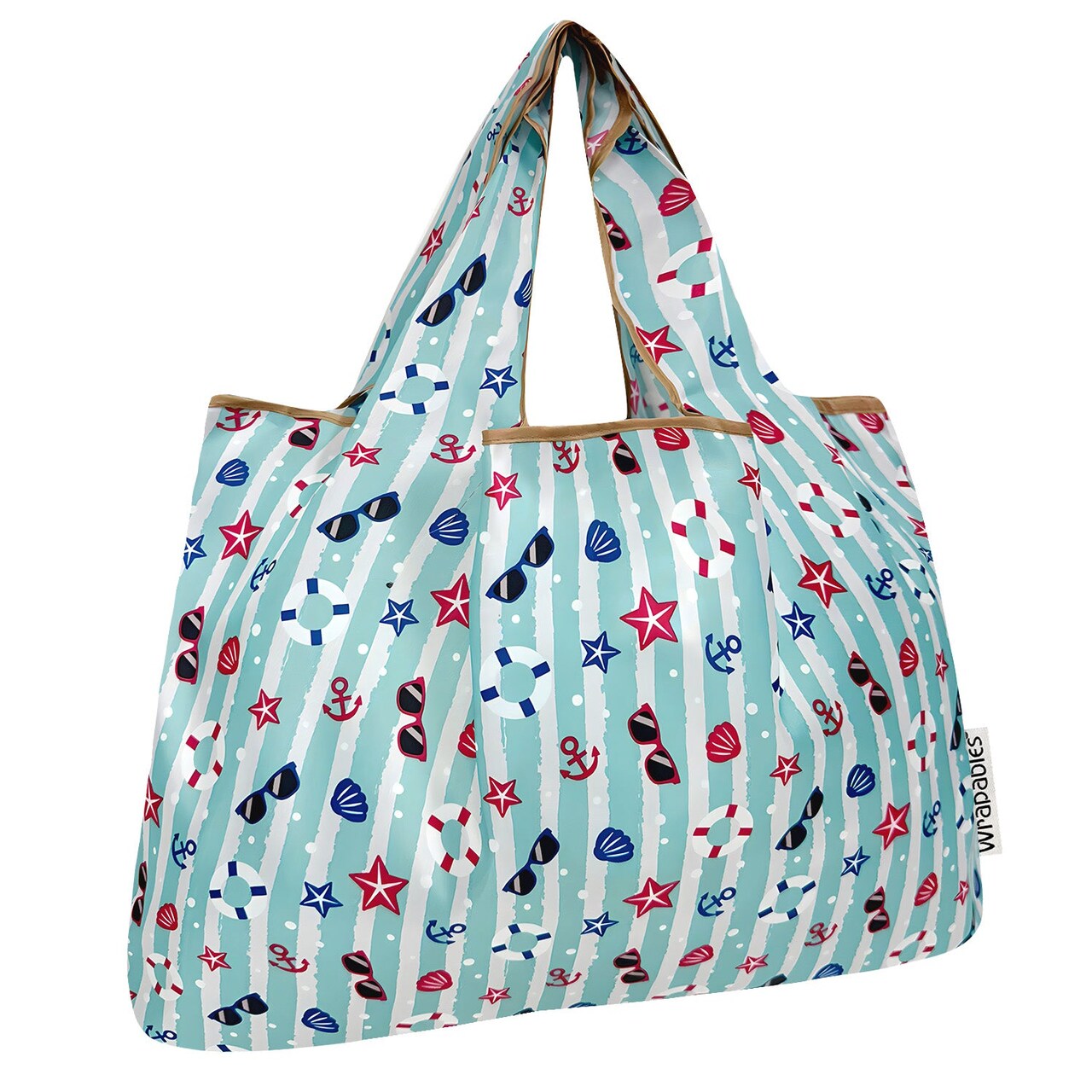 Wrapables Large Foldable Tote Nylon Reusable Grocery Bags, Ocean Fun